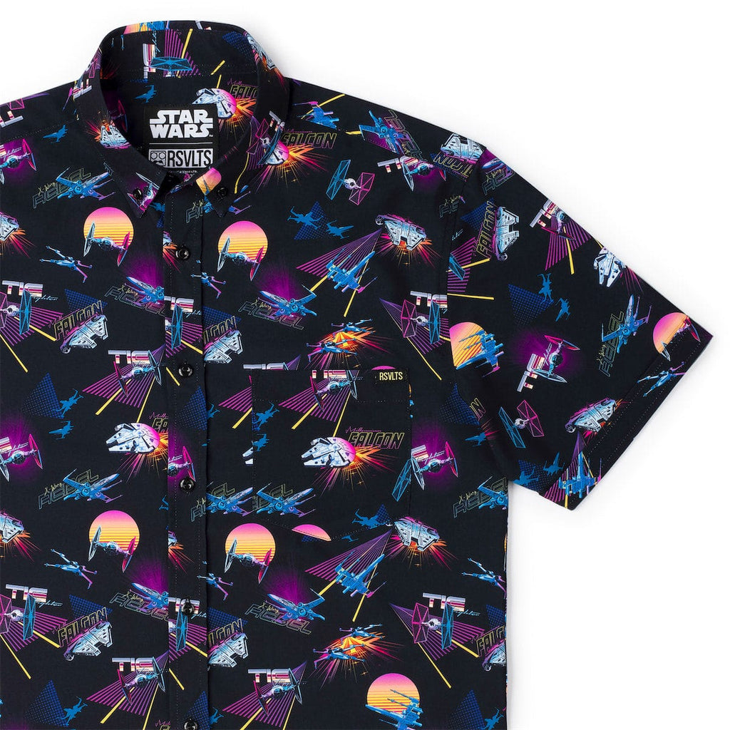 RSVLTS Synthwave Dogfight KUNUFLEX Short Sleeve Shirt in Black — front view
