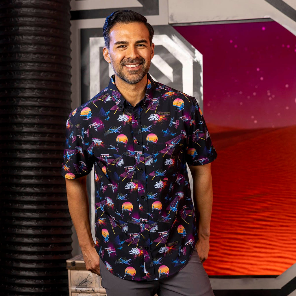 RSVLTS Synthwave Dogfight KUNUFLEX Short Sleeve Shirt in Black — detail 5