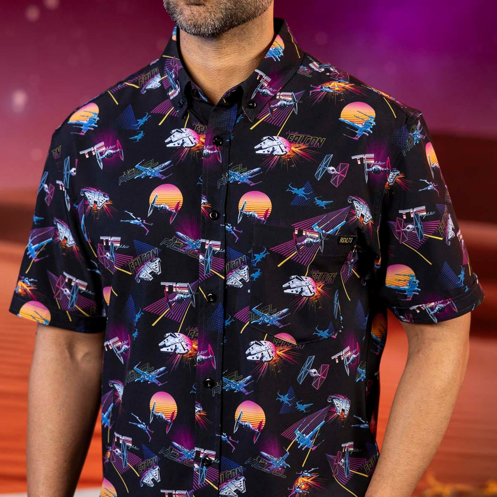 RSVLTS Synthwave Dogfight KUNUFLEX Short Sleeve Shirt in Black — detail 7