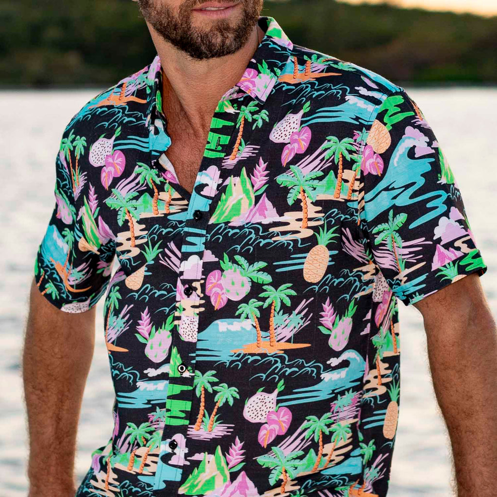 RSVLTS Neon Vacay Bamboo Short Sleeve Shirt in Black — front view