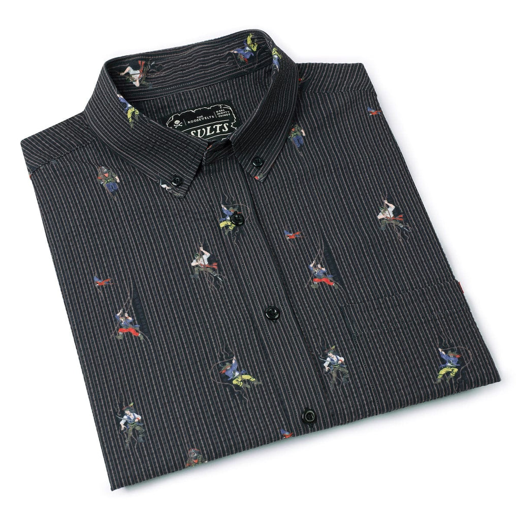 RSVLTS Shiver Me Timbers Stretch Seersucker Short Sleeve Shirt in Black — detail 8