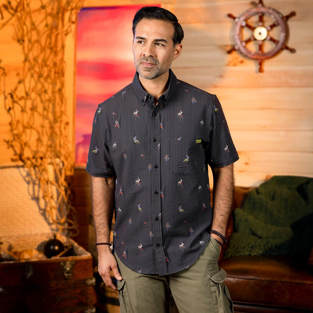 RSVLTS Shiver Me Timbers Stretch Seersucker Short Sleeve Shirt in Black — detail 3