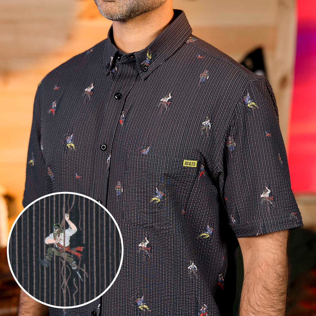 RSVLTS Shiver Me Timbers Stretch Seersucker Short Sleeve Shirt in Black — front view