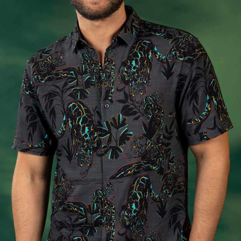 RSVLTS Jag Noir Bamboo Short Sleeve Shirt in Black — front view