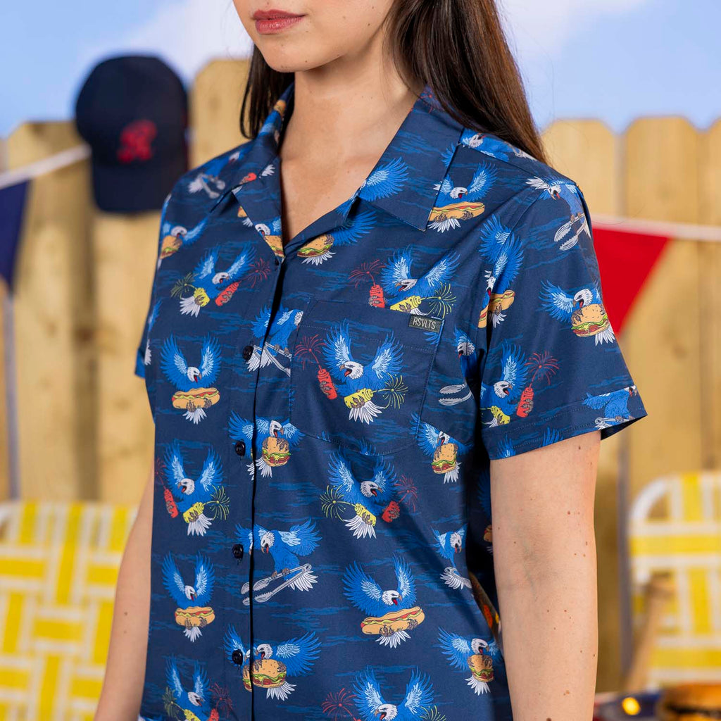 RSVLTS BBQ Wings Women's KUNUFLEX Short Sleeve Shirt in Blue — detail 6
