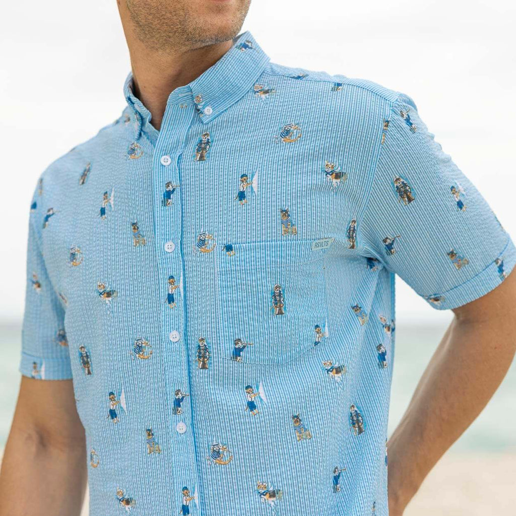 RSVLTS Sea Dogs Stretch Seersucker Short Sleeve Shirt in Blue — detail 2