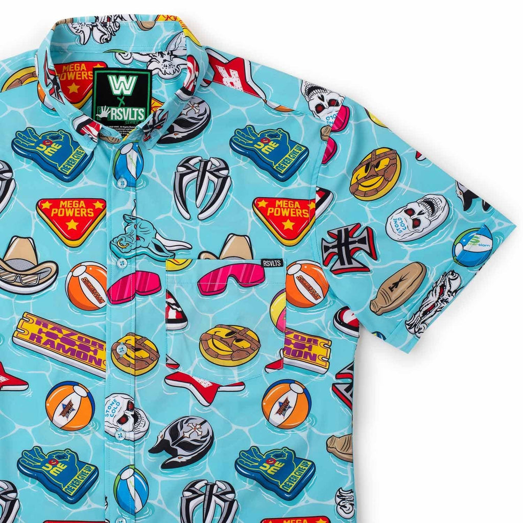 RSVLTS WWE Pool Party KUNUFLEX Short Sleeve Shirt in Blue — front view