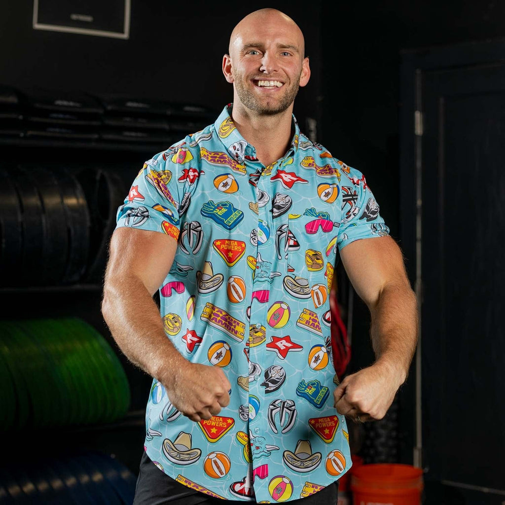 RSVLTS WWE Pool Party KUNUFLEX Short Sleeve Shirt in Blue — detail 7