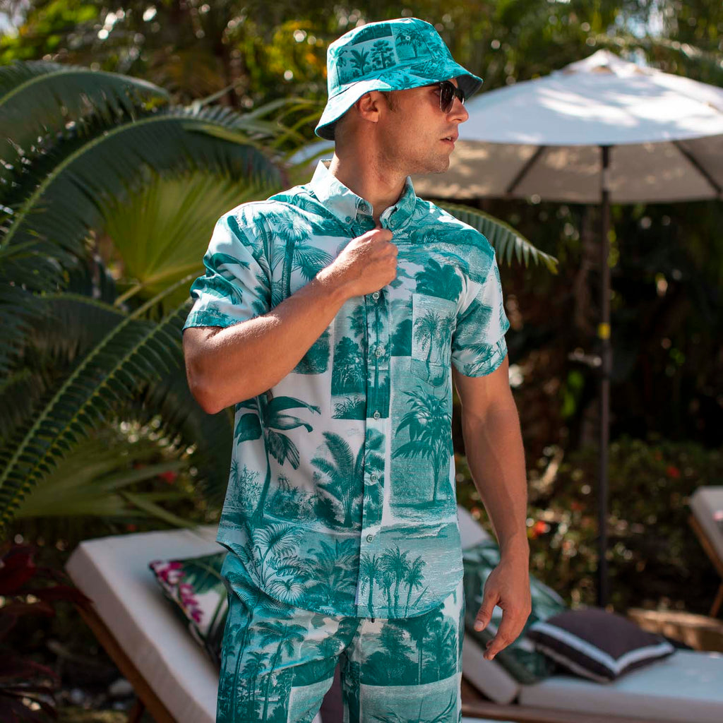 RSVLTS Litho Palms KUNUFLEX Short Sleeve Shirt in Blue — detail 5