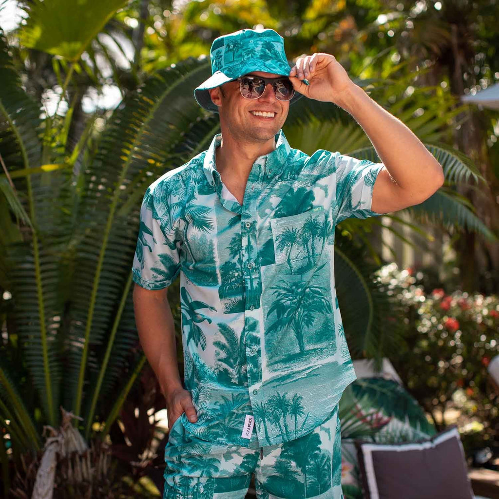 RSVLTS Litho Palms KUNUFLEX Short Sleeve Shirt in Blue — detail 7