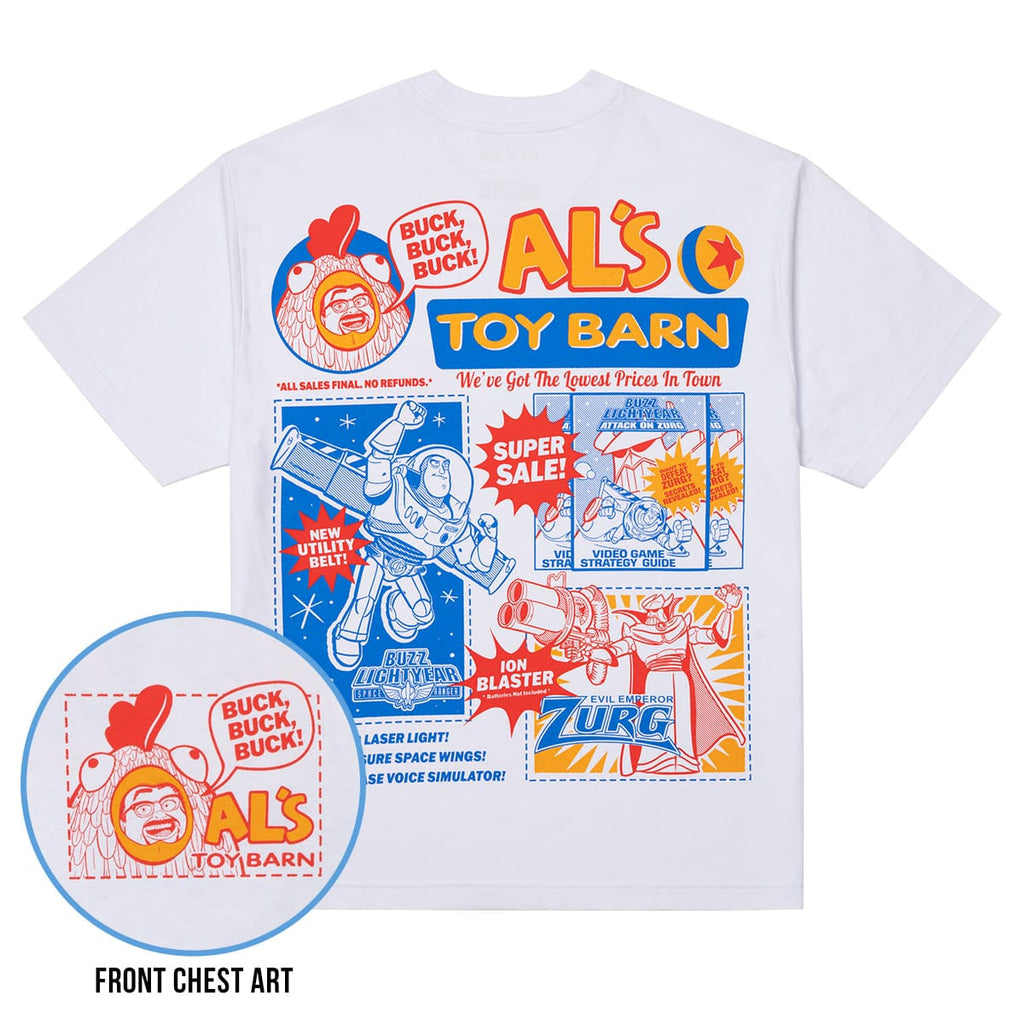 RSVLTS Al’s Toy Barn Vintage Crewneck Tee in White — front view