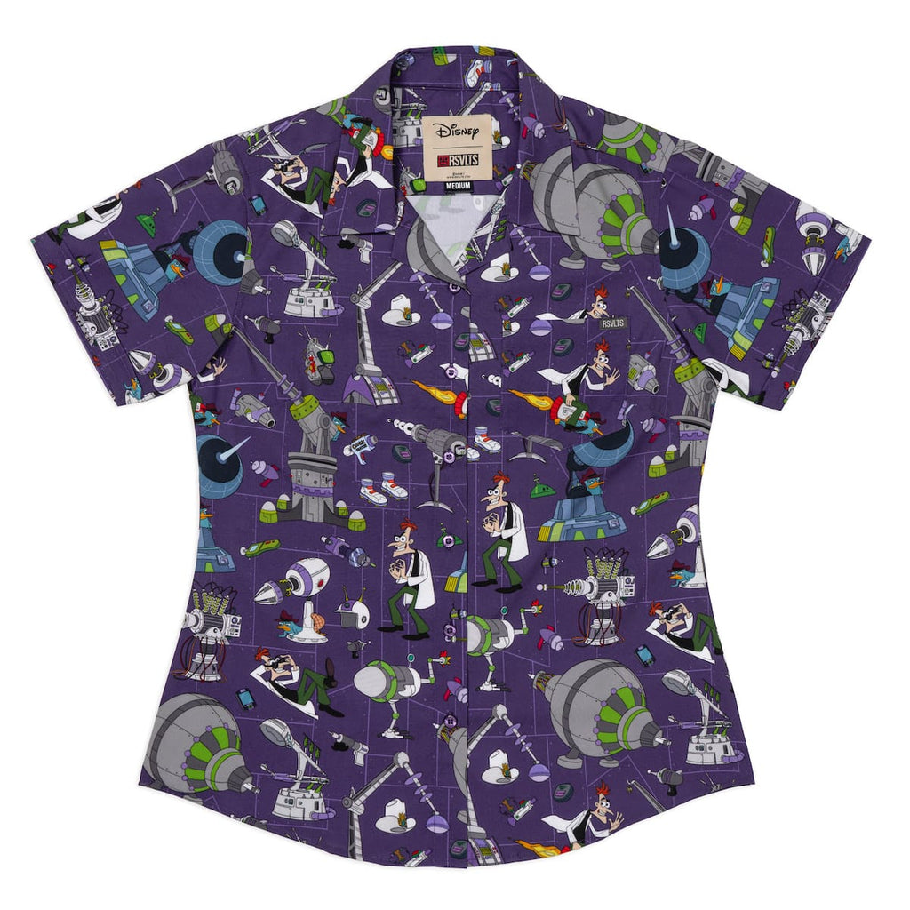 RSVLTS Doofenshmirtz Evil Incorporated Women's KUNUFLEX Short Sleeve Shirt in Purple — detail 4