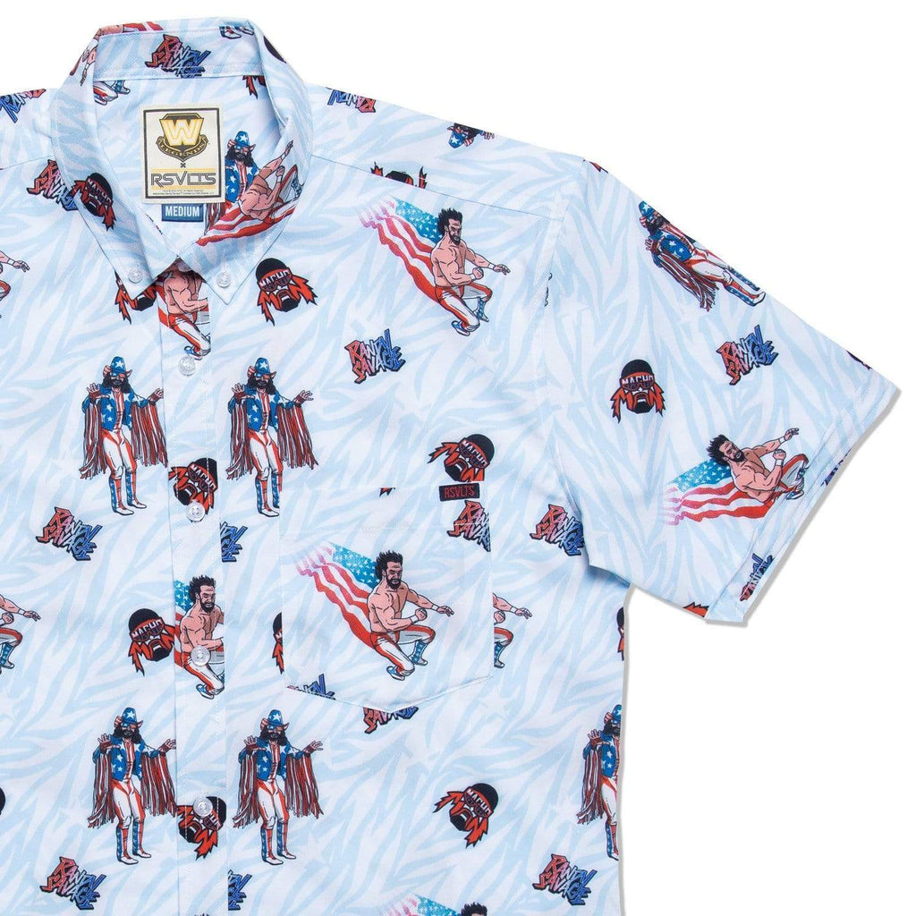 RSVLTS Macho Man USA KUNUFLEX Short Sleeve Shirt in Blue — front view
