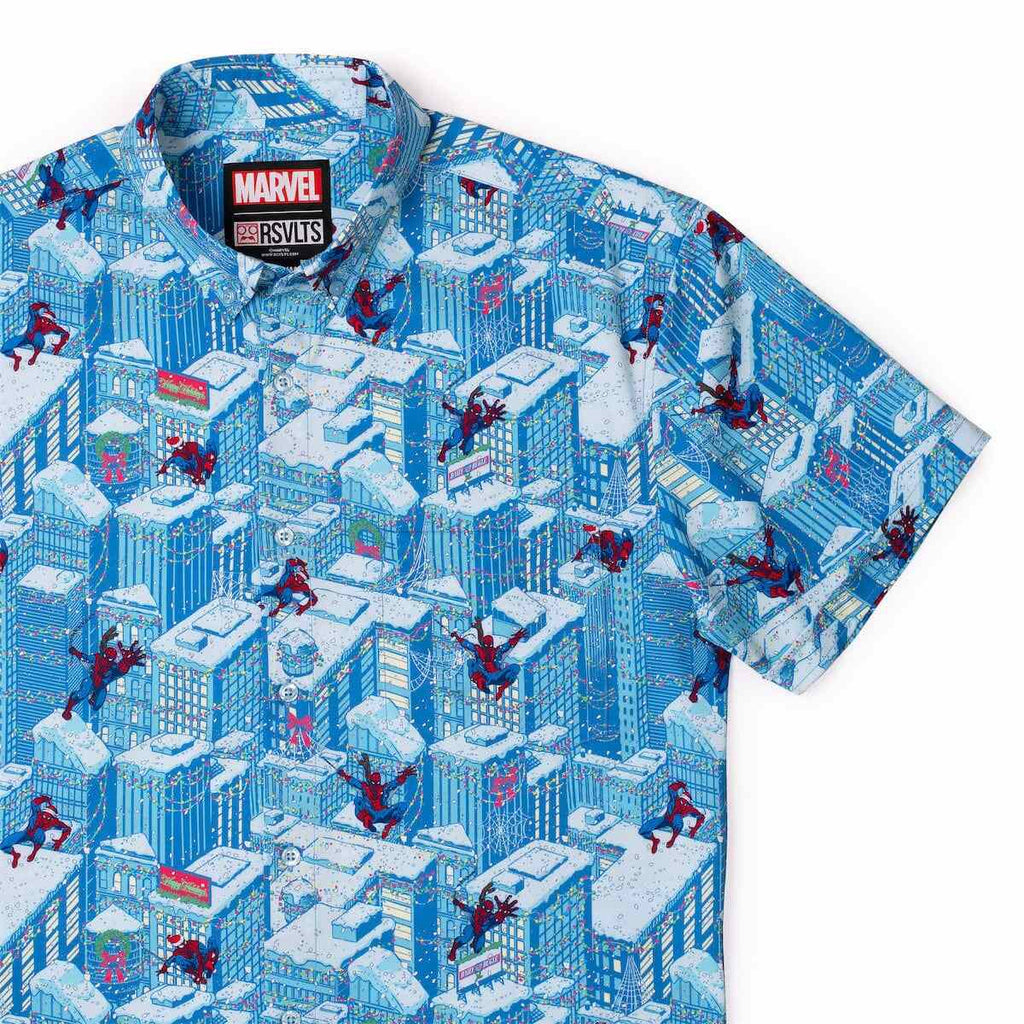 RSVLTS Spider-Man Is Coming To Town KUNUFLEX Short Sleeve Shirt in Blue — front view