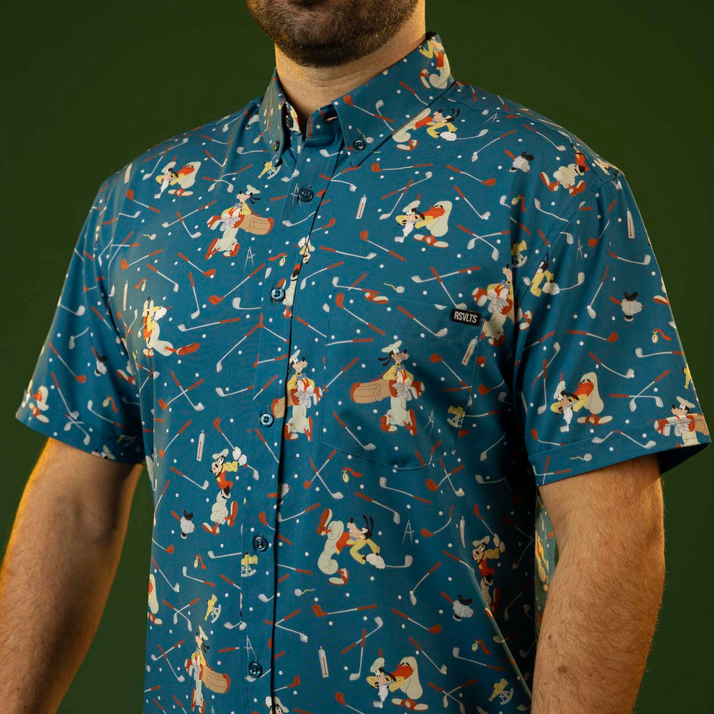 RSVLTS Goofy Golf KUNUFLEX Short Sleeve Shirt in Blue — front view