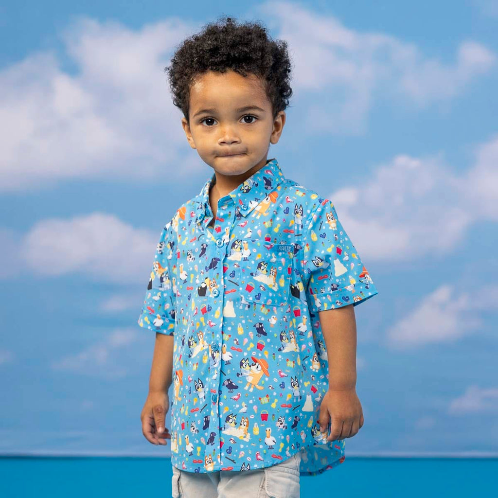 RSVLTS Beach Day Preschool KUNUFLEX Short Sleeve Shirt in Blue — front view