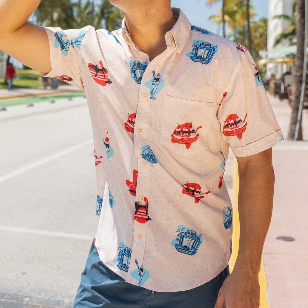RSVLTS Red, White, and Blue Plate Special KUNUFLEX Short Sleeve Shirt in White — front view