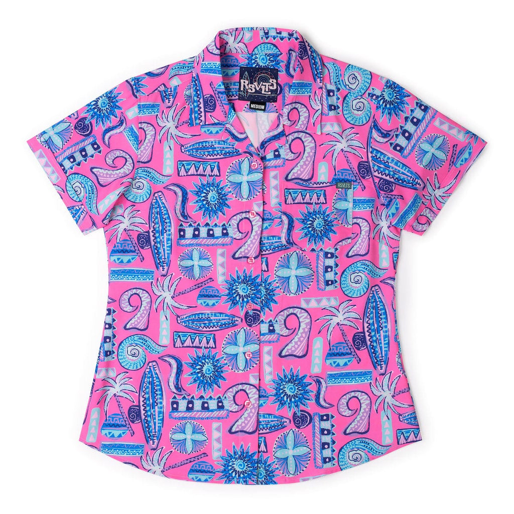 RSVLTS Pink Sand Beach Women's KUNUFLEX Short Sleeve Shirt in Pink — front view