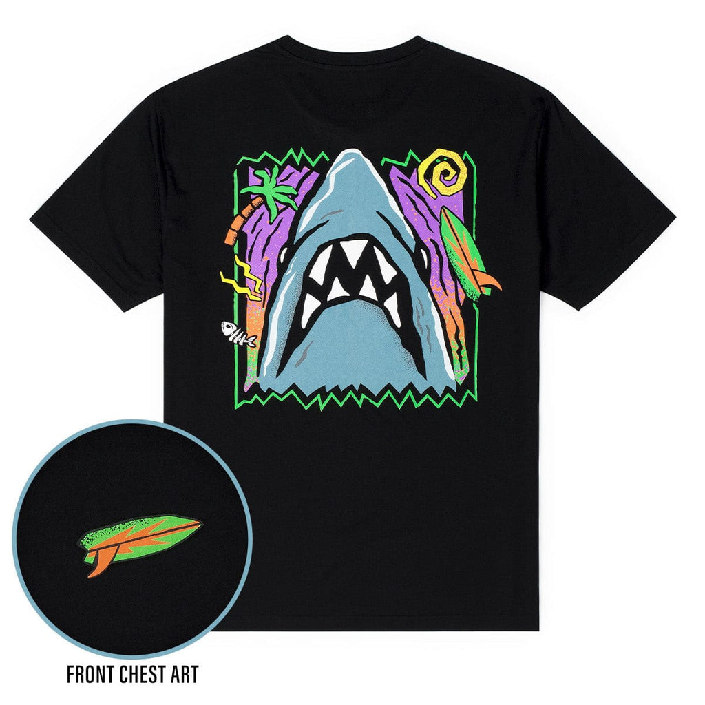 RSVLTS Sun. Surf. Shark. Crewneck Tee in Black — front view