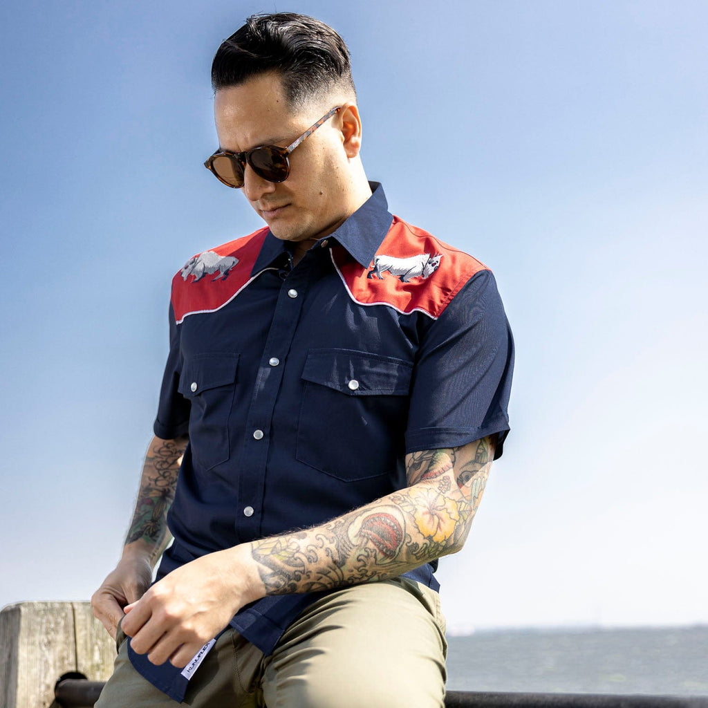 RSVLTS Great White Buffalo Roper Short Sleeve Shirt in Blue — detail 3