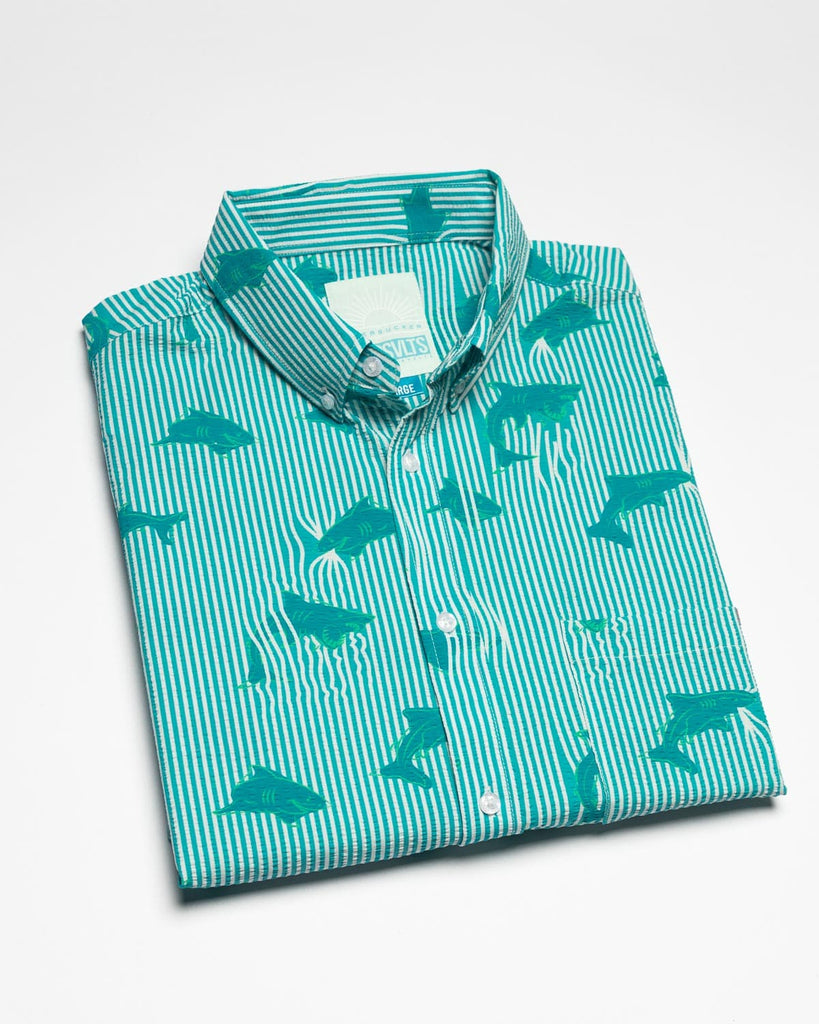RSVLTS Shark Stretch Seersucker Short Sleeve Shirt in Blue — detail 9