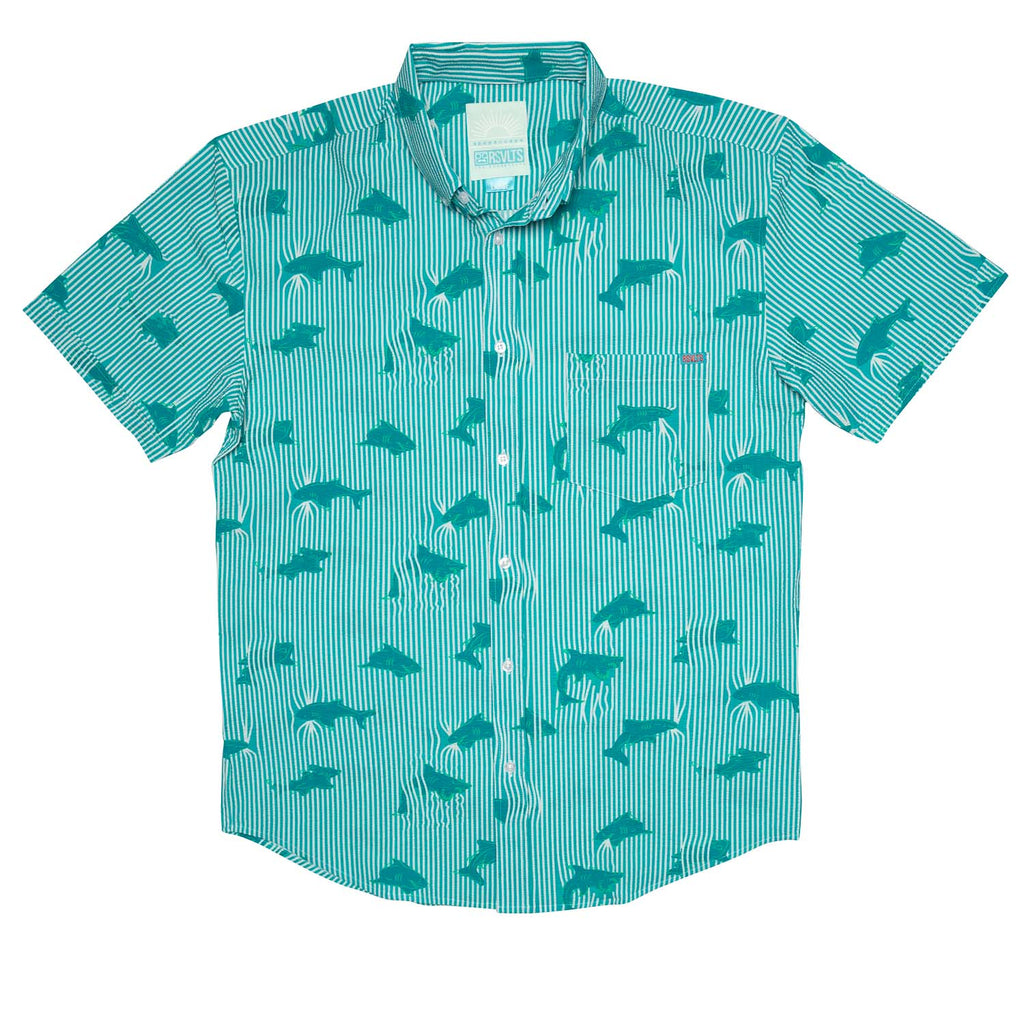 RSVLTS Shark Stretch Seersucker Short Sleeve Shirt in Blue — detail 2
