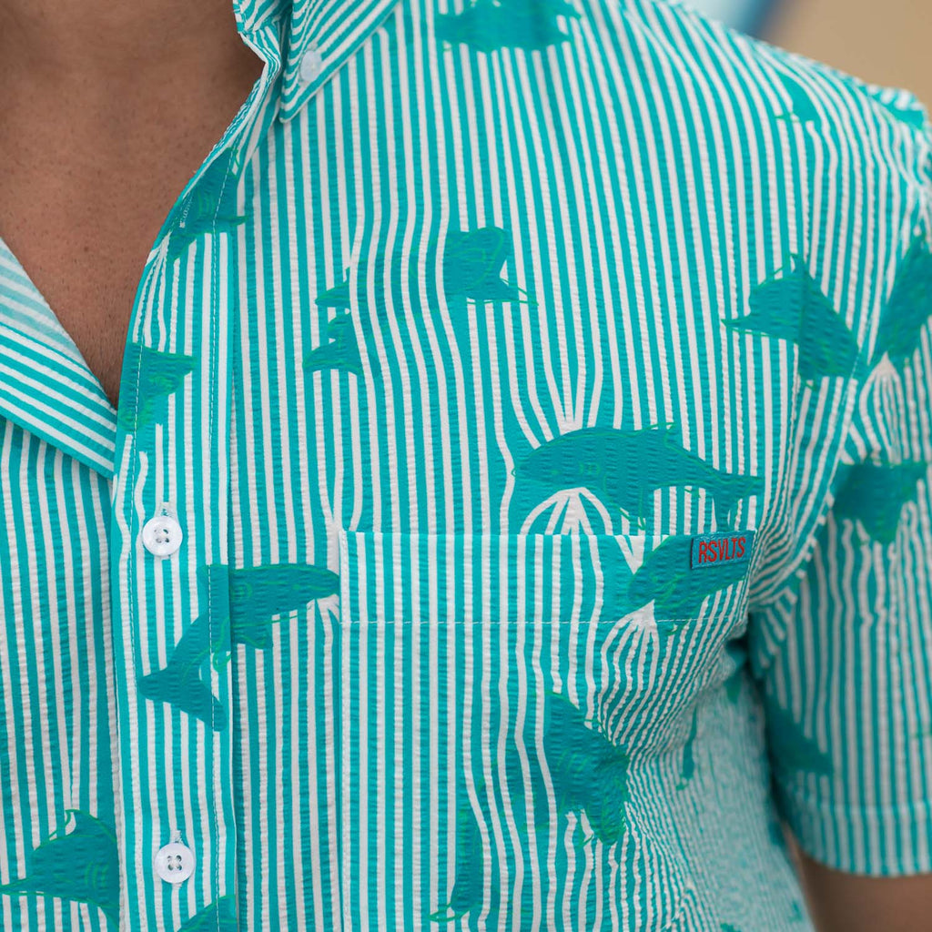RSVLTS Shark Stretch Seersucker Short Sleeve Shirt in Blue — detail 3