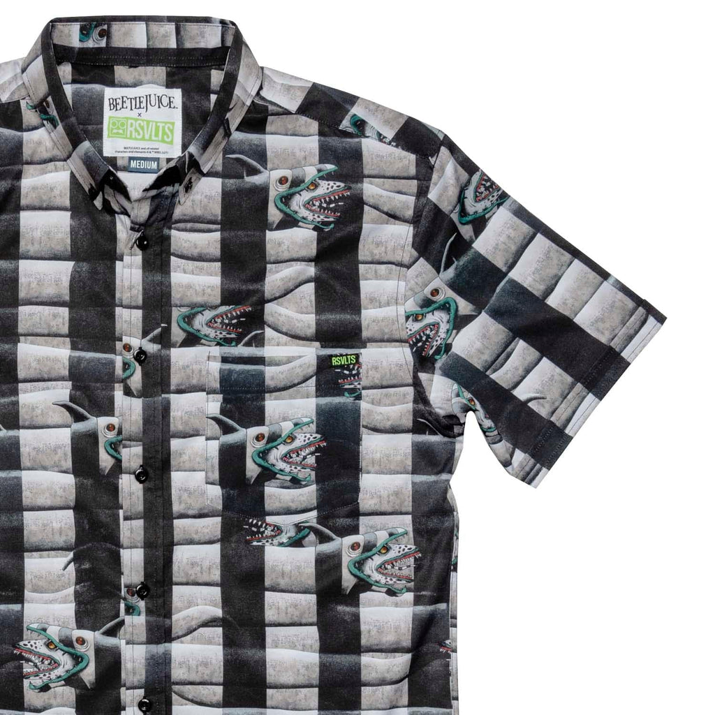 RSVLTS Sandworm Stripes KUNUFLEX Short Sleeve Shirt in Gray — front view