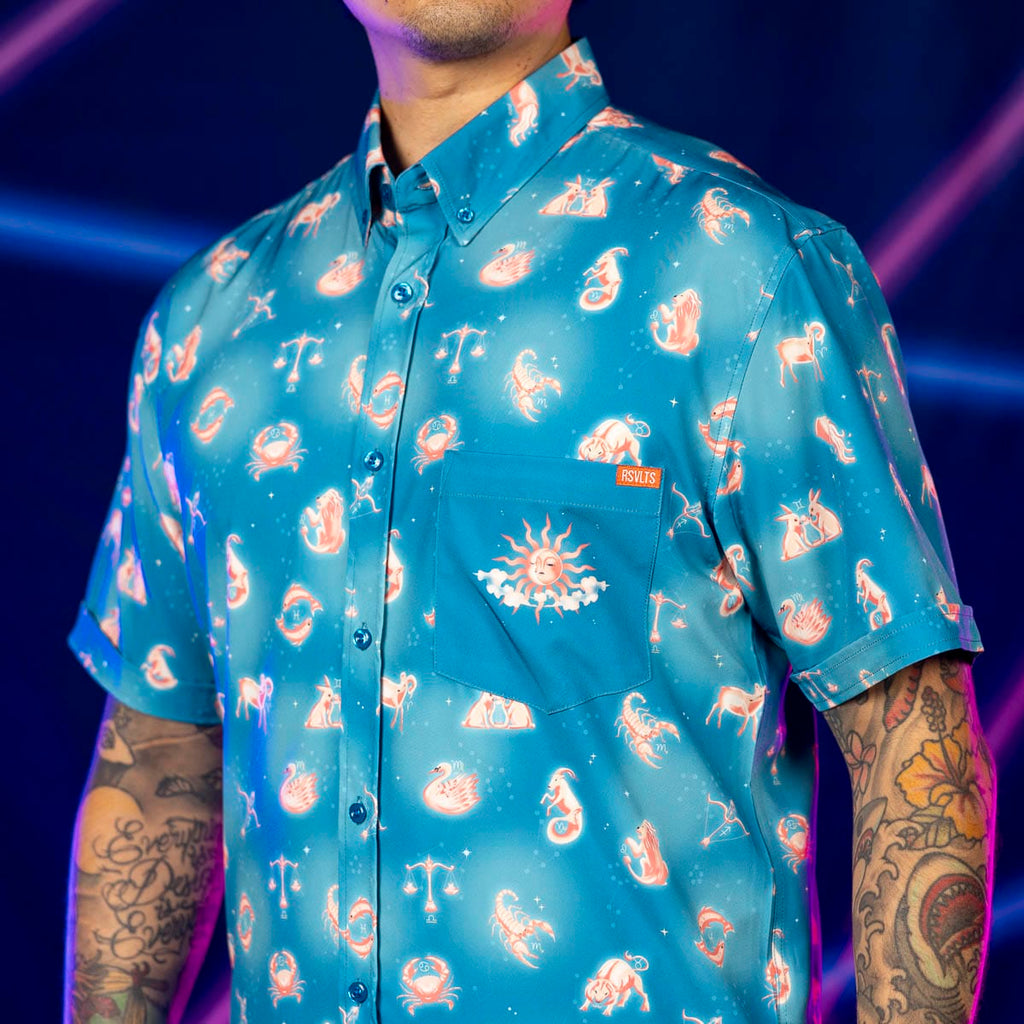 RSVLTS Star-Crossed Cosmos KUNUFLEX Short Sleeve Shirt in Blue — detail 4