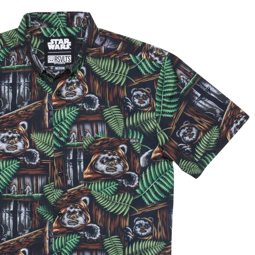 RSVLTS Welcome to the Forest Moon KUNUFLEX Short Sleeve Shirt in Brown — front view