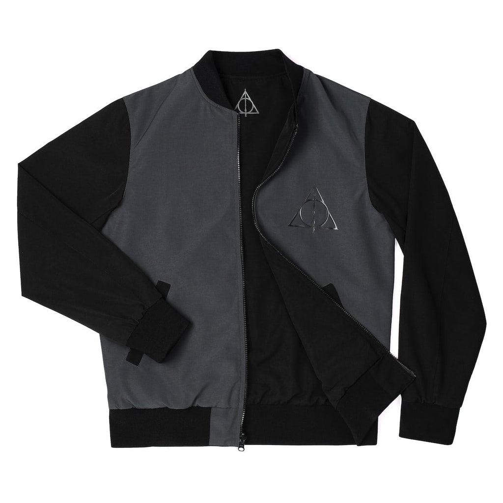 RSVLTS Deathly Hallows Reversible Bomber Jacket in Black — front view