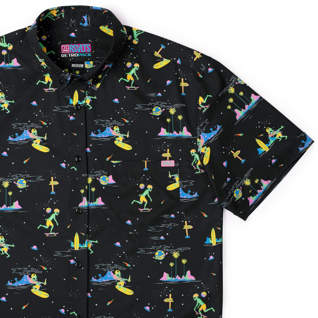 RSVLTS Space Beach KUNUFLEX Short Sleeve Shirt in Black — front view