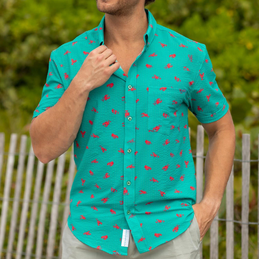 RSVLTS Lobster Stretch Seersucker Short Sleeve Shirt in Blue — detail 9