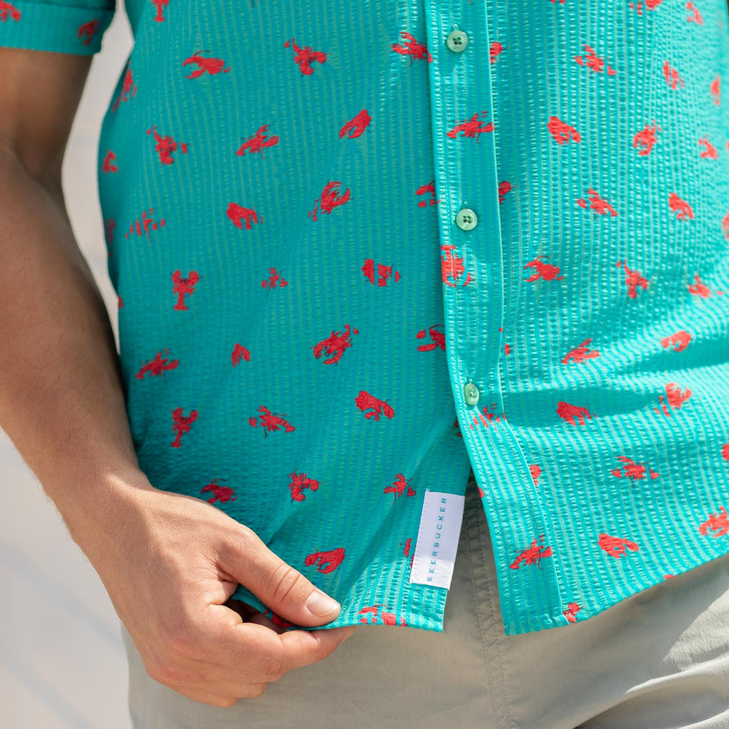 RSVLTS Lobster Stretch Seersucker Short Sleeve Shirt in Blue — detail 7