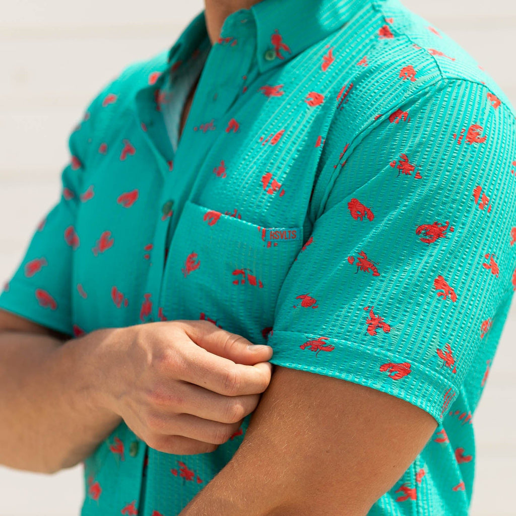 RSVLTS Lobster Stretch Seersucker Short Sleeve Shirt in Blue — detail 3