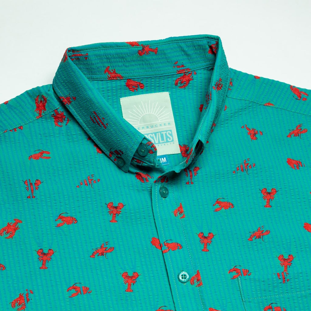 RSVLTS Lobster Stretch Seersucker Short Sleeve Shirt in Blue — detail 6