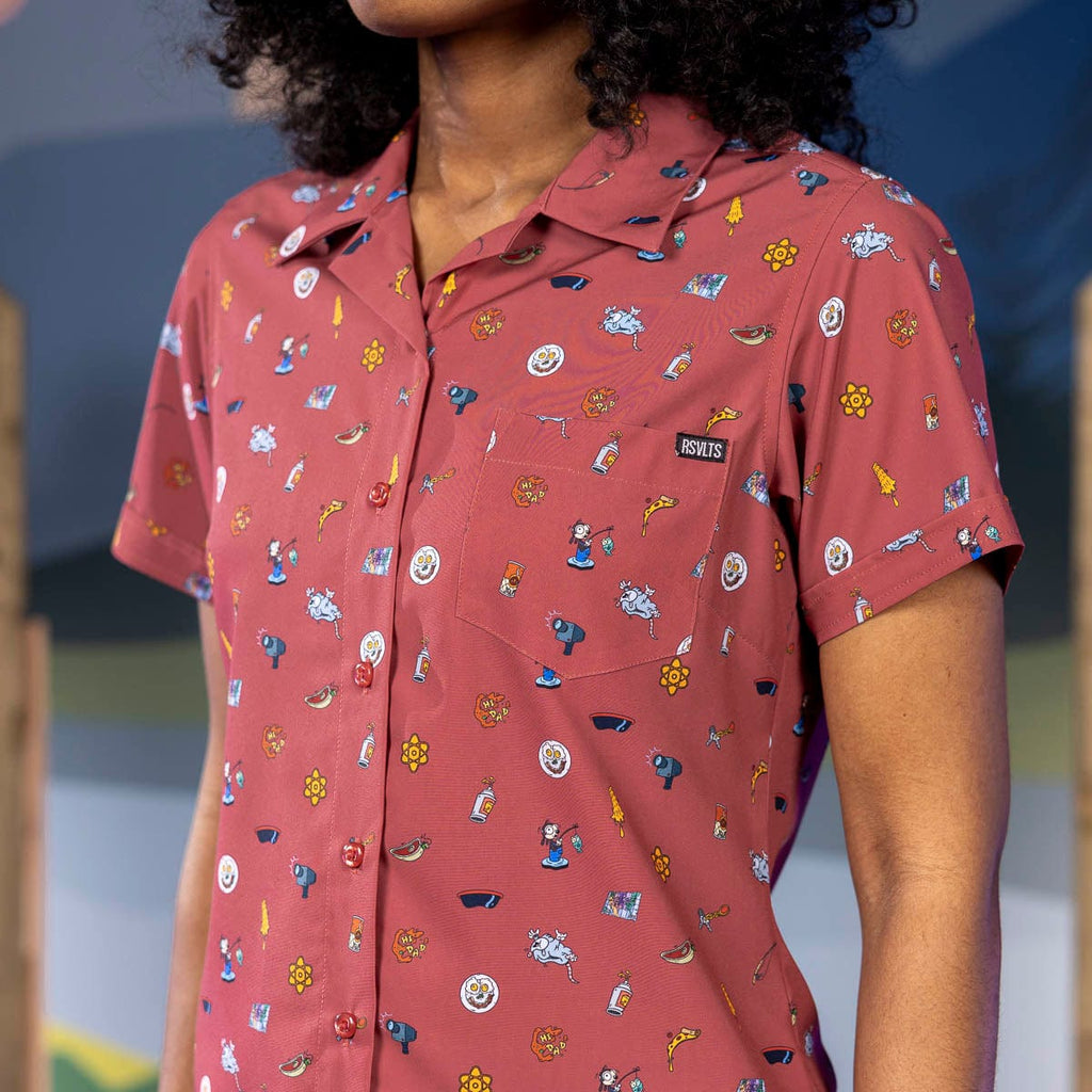 RSVLTS Road Trip Trinkets Women's KUNUFLEX Short Sleeve Shirt in Red — detail 6