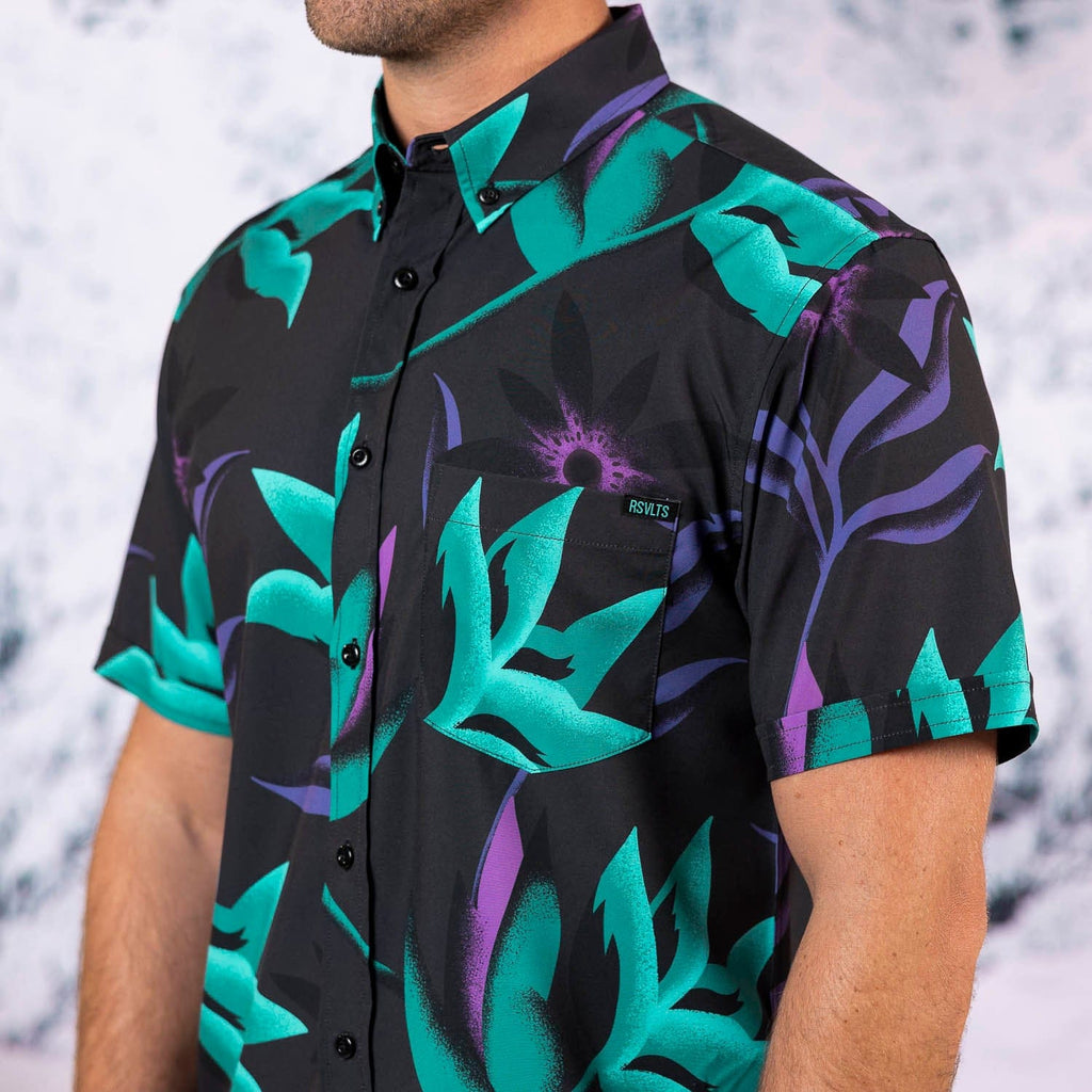 RSVLTS Midnight Oasis KUNUFLEX Short Sleeve Shirt in Black — front view