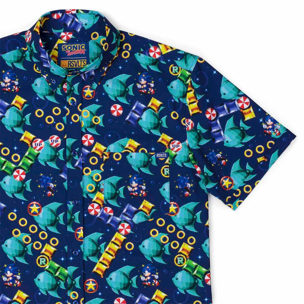 RSVLTS Spinning Maze Mayhem KUNUFLEX Short Sleeve Shirt in Blue — front view