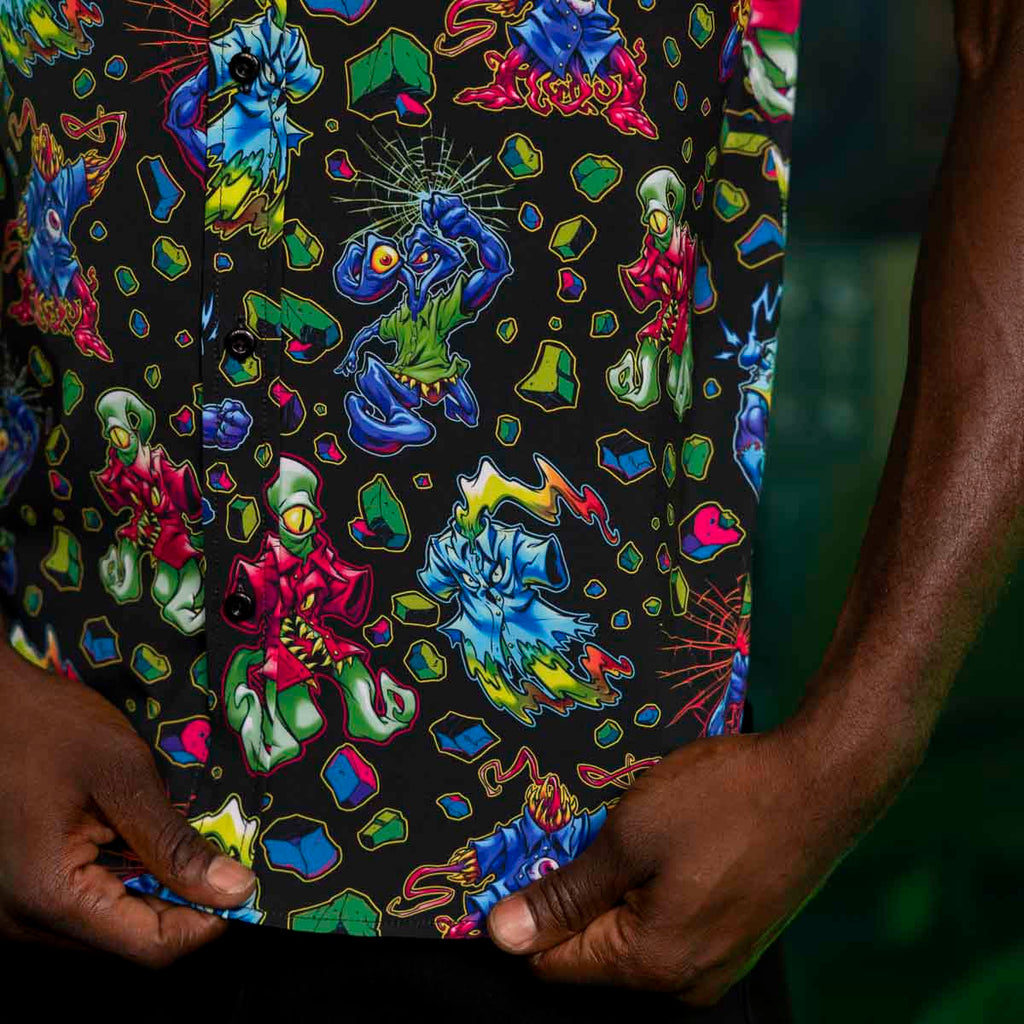 RSVLTS Kunu Mutant Madness KUNUFLEX Short Sleeve Shirt in Black — detail 4