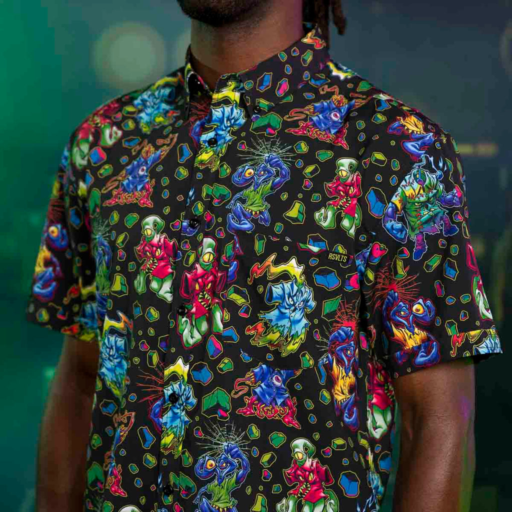 RSVLTS Kunu Mutant Madness KUNUFLEX Short Sleeve Shirt in Black — detail 2