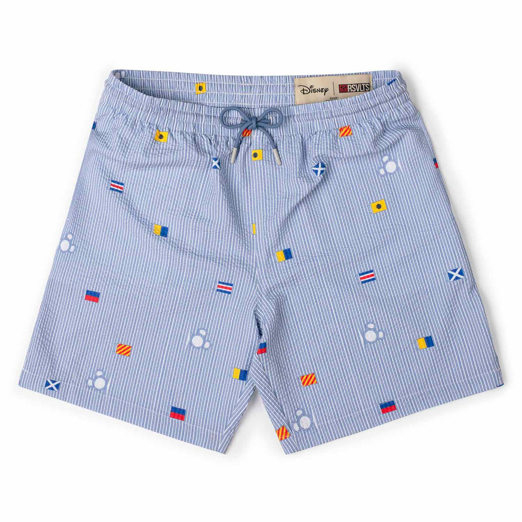 RSVLTS Maritime Mickey Stretch Seersucker Hybrid Shorts in Blue — front view