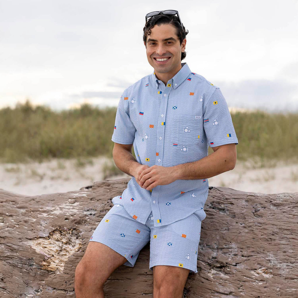 RSVLTS Maritime Mickey Stretch Seersucker Hybrid Shorts in Blue — detail 5