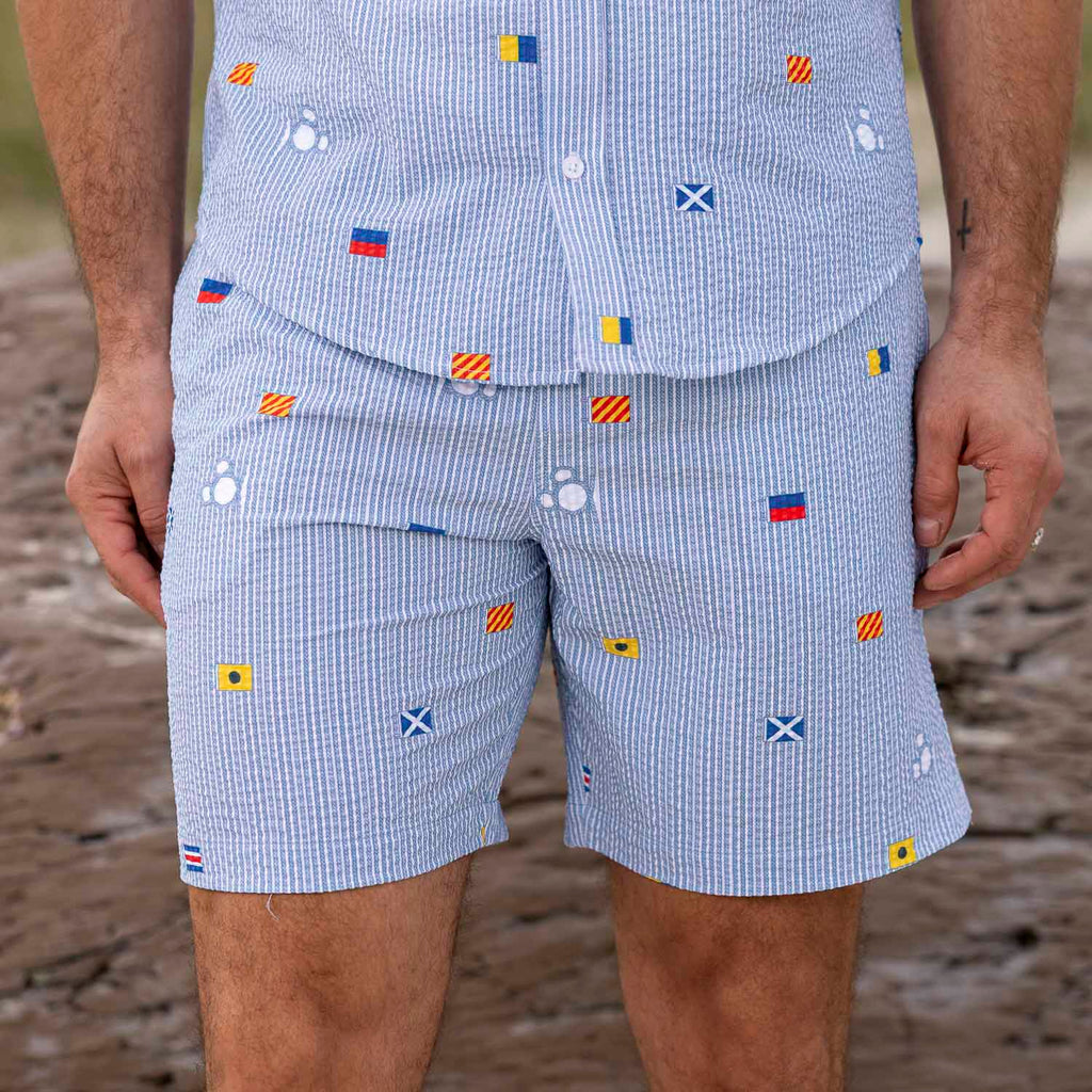RSVLTS Maritime Mickey Stretch Seersucker Hybrid Shorts in Blue — detail 3
