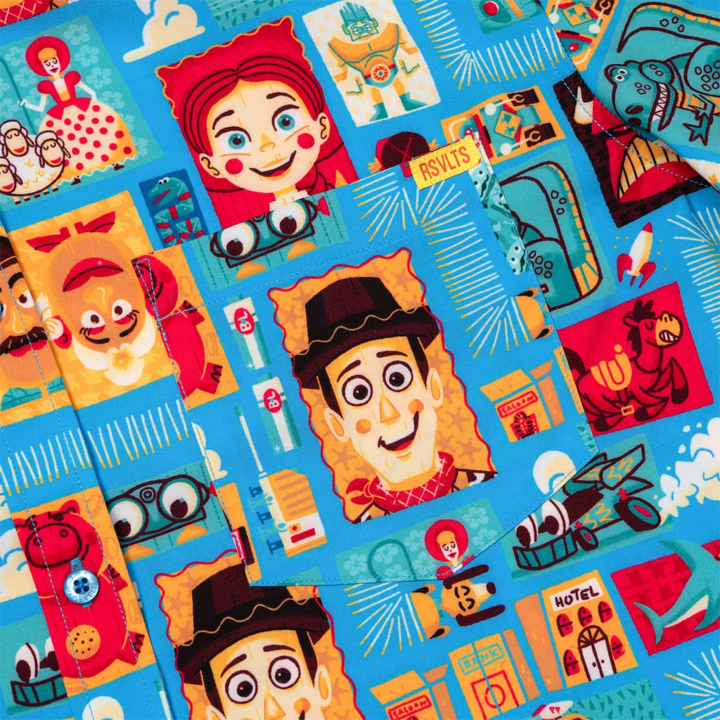 RSVLTS Woodcut Woody & Friends KUNUFLEX Short Sleeve Shirt in Blue — detail 6