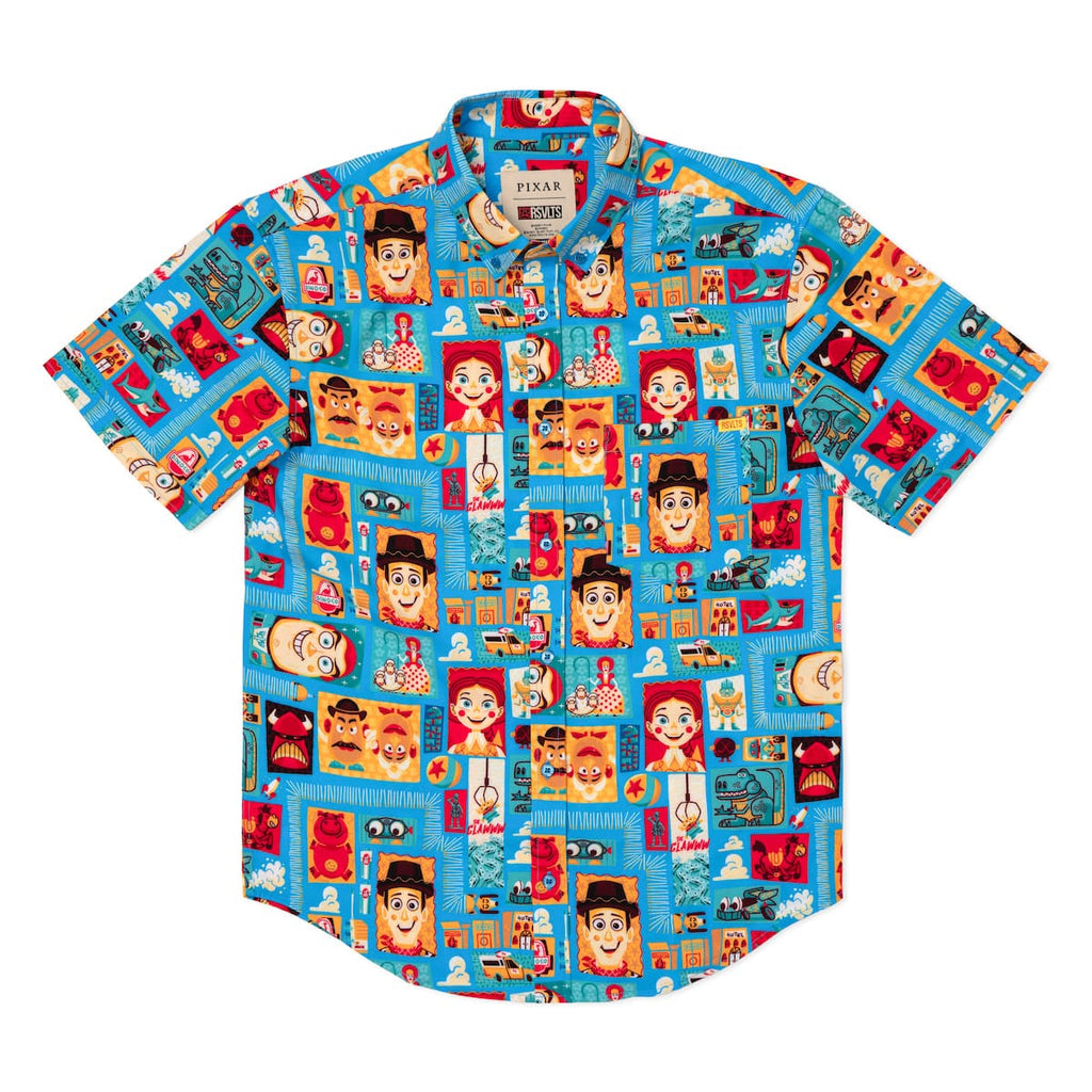RSVLTS Woodcut Woody & Friends KUNUFLEX Short Sleeve Shirt in Blue — detail 8
