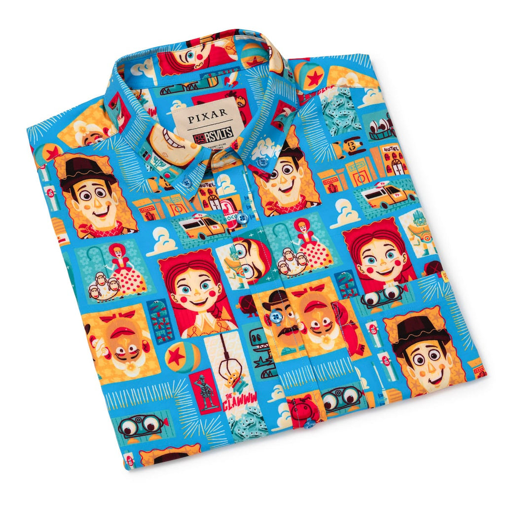 RSVLTS Woodcut Woody & Friends KUNUFLEX Short Sleeve Shirt in Blue — detail 11