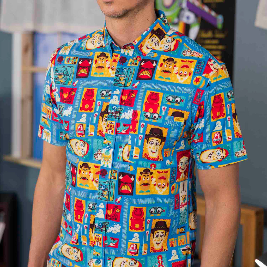 RSVLTS Woodcut Woody & Friends KUNUFLEX Short Sleeve Shirt in Blue — detail 7