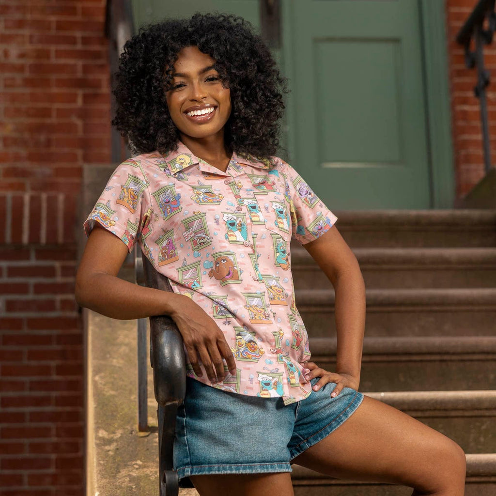 RSVLTS Welcome to the Neighborhood Women's KUNUFLEX Short Sleeve Shirt in Multicolor — front view