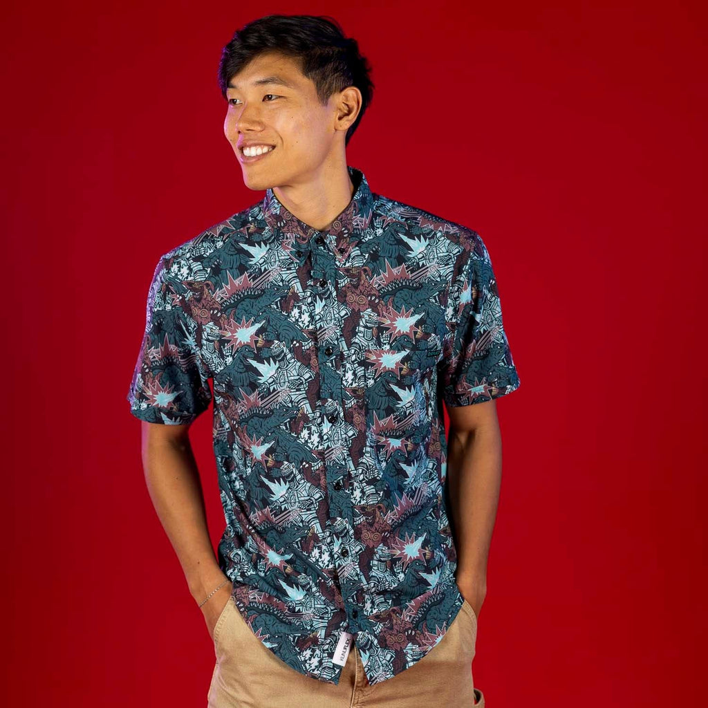 RSVLTS Monsters and Mecha KUNUFLEX Short Sleeve Shirt in Brown — detail 4
